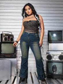 ROMWE Grunge Punk Y2K Retro Distressed Bowknot Ruched High Stretch Plus Size Flare Leg Jeans - Blue - View 2