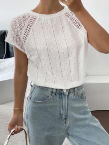 SHEIN Frenchy Women's Simple Casual Solid Color Contrast Lace Short Sleeve Casual T-Shirt,Spring/Summer, Textured Vertical Stripe Floral Top,Loose Bat Sleeve T-Shirt,Jacquard Textured Openwork Knit Fabrics,Casual Holiday Fashionable For Commuting,For Daily Wear White - White - View 8