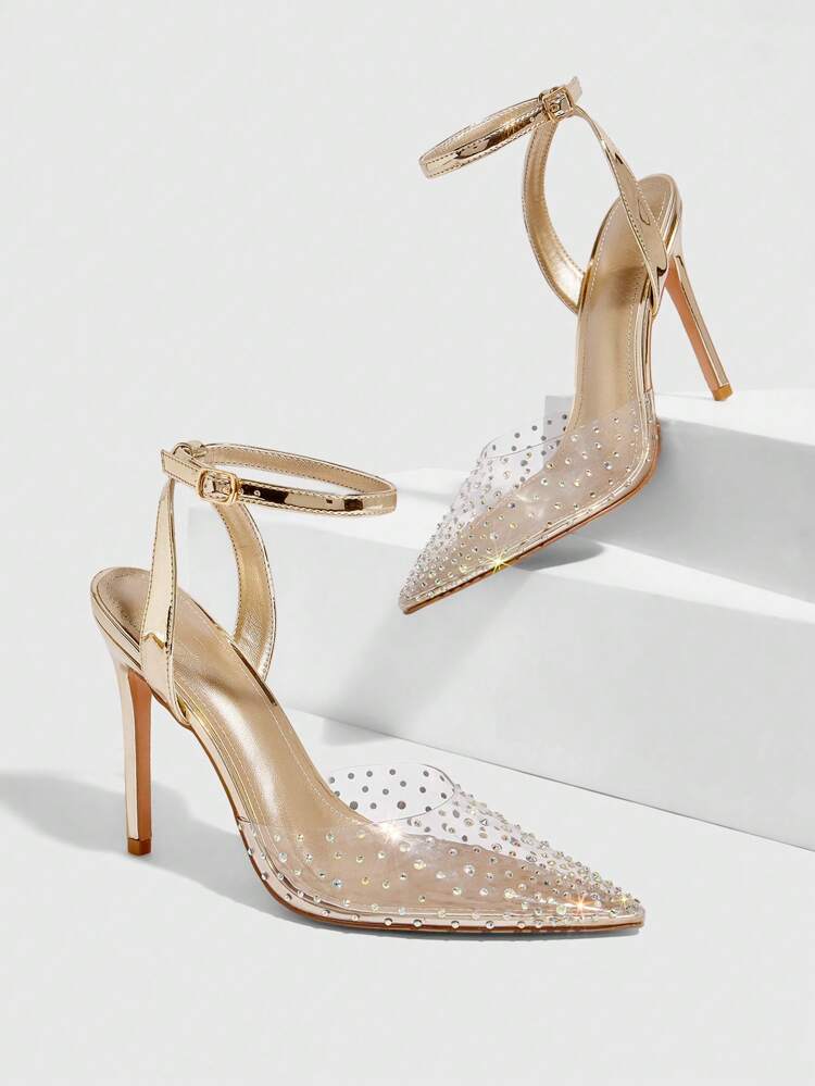 CUCCOO SZL Women's Fashionable Gold Pointed Toe Stiletto High Heels With Ankle Strap & Crystal Embellishment PVC Pumps, Suitable For Dates, Parties, Weddings Spring Shoes Spring Break Easter For Christmas Spring Shoes