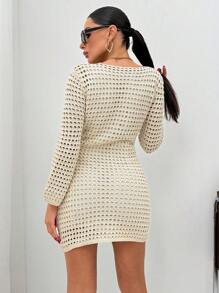 EURMUSE Openwork Crochet Mini Dress – Long Sleeve Sheer Knit Beach Cover-Up With Lining - Beige - View 2