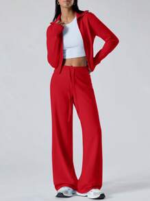 LYSMO 2pcs Women's Solid Color Zip Front Long Sleeve Top & Full Length Pants Set - Red - View 5
