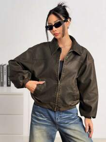 SHEIN EZwear Autumn New Vintage Washed Snowflake PU Leather Jacket - Brown - View 6