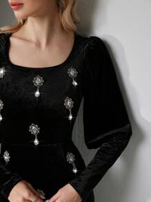 Modelyn 女士优雅长袖连衣裙，方领，水晶装饰长款晚礼服 - 黑色 - 查看 5