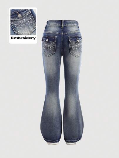 SHEIN Girlism Tween Girl Fashion Y2K Low Waist Vintage Rhinestone Butterfly Embroidered Denim Flare Leg Jeans, Fall Winter Back To School