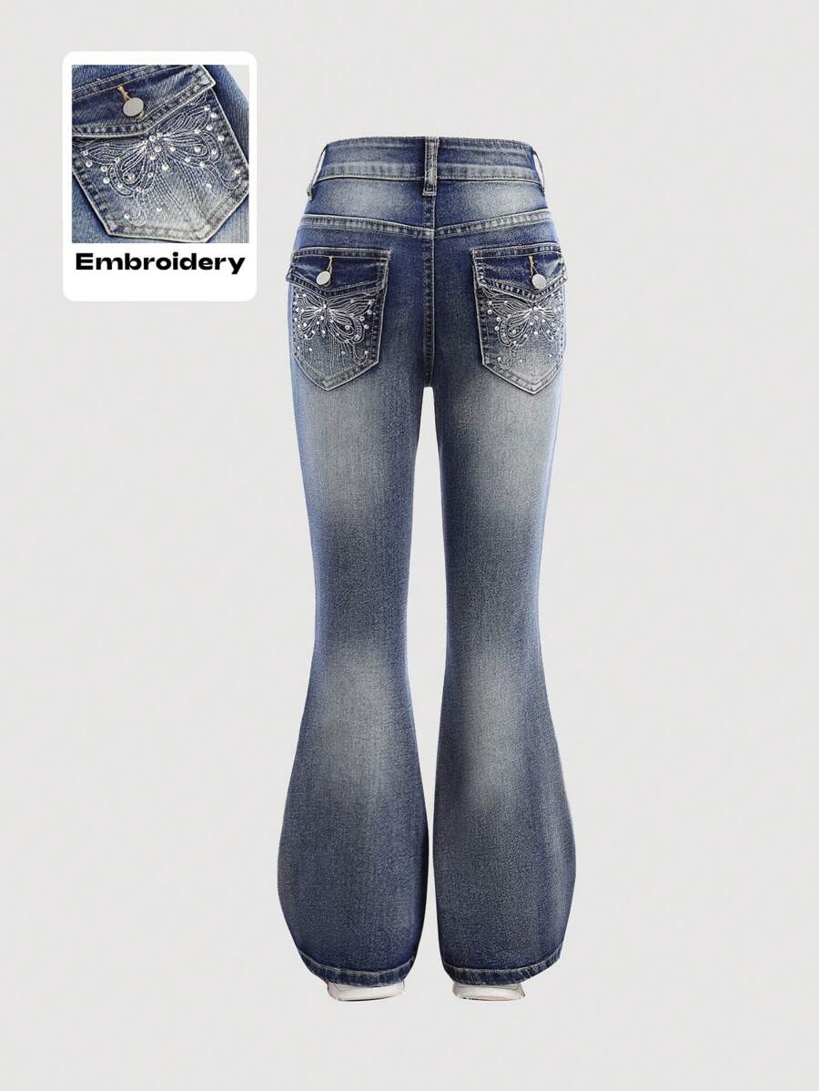 SHEIN Girlism Jeans pattes d'éléphant en denim avec broderie papillon incrusté de strass taille basse Y2K pour préadolescentes. Vêtements d'automne/hiver pour filles, tenues pour la rentrée scolaire