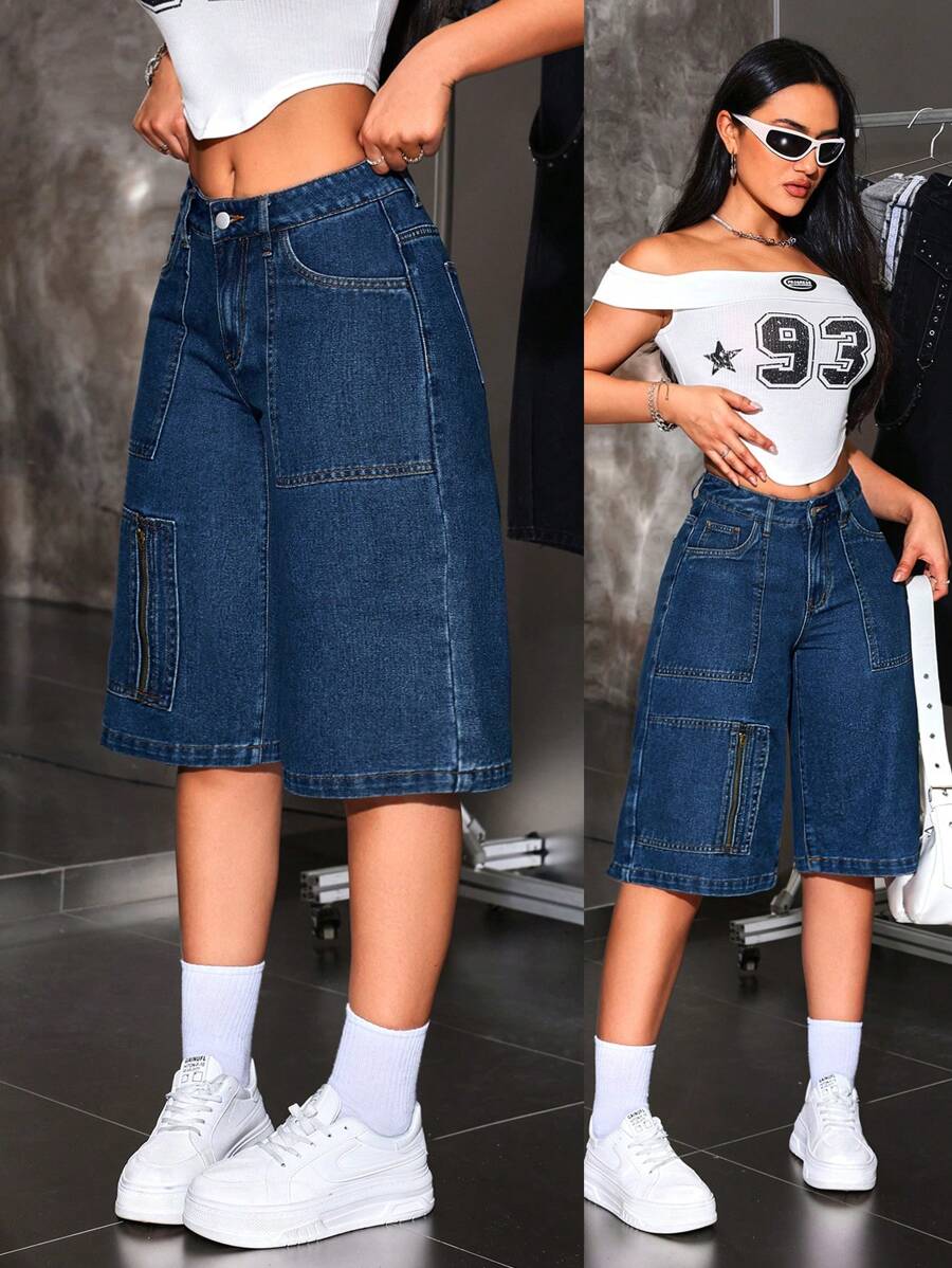 SHEIN ICON Women's Pocket Detail Wide Leg Loose Fit Bermuda Denim Shorts - Medium Wash - View 1