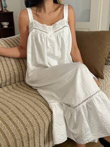 DAZY Camisón de mujer con parches de encaje, tirantes anchos, volantes en el bajo y unicolor, Moo Moo - Blanco - Ver 5