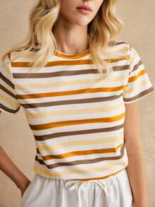 Poéselle Women's Striped Print Crew Neck Short Sleeve Casual T-Shirt