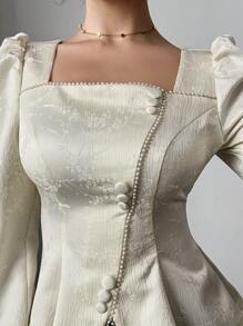 Rafferiza 女式新款优雅中国新年风格方领提花泡泡袖复古珍珠链收腰衬衫 - 白色 - 查看 5
