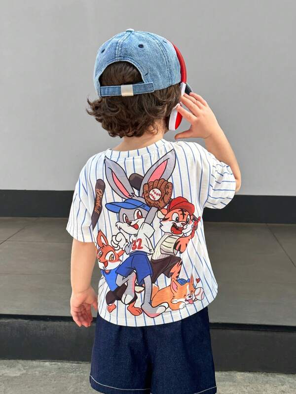 SHEIN Baby Boy Oversized Casual Cute Holiday Cartoon Animal Group Print Round Neck Short Sleeve White And Blue Stripe Dropped Shoulder T-Shirt, Versatile Cartoon Pattern Top
