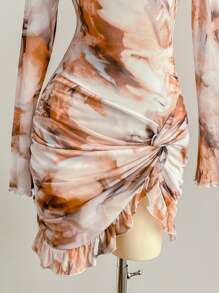 Soleia 女士度假针织网眼复古扎染花卉印花修身长袖褶边荷叶边紧身迷你连衣裙，性感派对