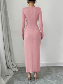 Elenzga Vestido Mídi Elegante de Trabalho e Transporte Feminino, Cor Sólida, Decote Redondo, Gola Dobrada, Manga Longa, Modelo Ajustado, Primavera/Outono/Inverno - Rosa chiclete - Visão 2