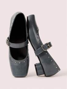 CUCCOO DOLLMOD 女士方头黑色高跟玛丽珍鞋，交叉带圆柱形鞋跟，经典复古风格