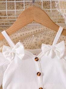 Baby Girl Summer New Fashion Off Shoulder Solid Ribbed Top + Embroidered Floral Denim Shorts Set - White - View 2