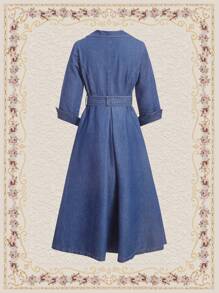 Vintamour 复古翻领收腰 3/4 袖女式牛仔中长连衣裙，深牛仔蓝 - 中等水洗藍 - 查看 2