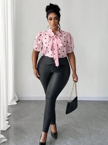 Maweii Plus Size Elegant Heart Print Tie Neck Puff Sleeve Blouse - Pink - View 3