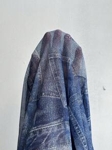 Maweii 大码女式网眼牛仔效果印花前开透明衬衫