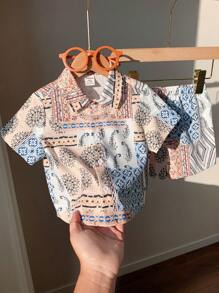 2 Pieces Baby Boys Casual Cute Geometric Pattern Lapel Short Sleeve Shirts, Suitable For Spring/Summer Indoor & Outdoor Wear