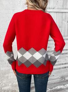 SHEIN LUNE Casual Colorblock Raglan Sleeve Diamond Pattern Knitted Sweater, Autumn/Winter Fall - Red - View 2