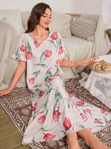 Ruched Peplum Hem Floral Print Long Nightgown - Multicolor - View 4