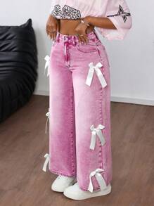 SHEIN PETITE Women's Plain Color Simple Fashion Casual Daily Jeans,Valentine's Day New Three-Dimensional Bow Pink Loose Denim Wide Leg Pants Dating Artifact Y3K Jeans