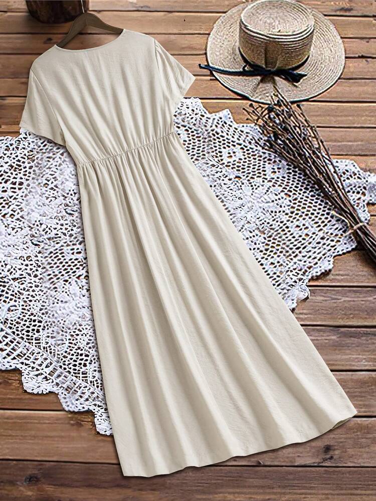 Plus Size Women V-Neck Short Sleeve Casual Khaki Dress,Vacation Outfits Woman