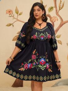Travachic Plus Size Women Boho Casual Floral Print Black Short Dress, For Summer - Black - View 1