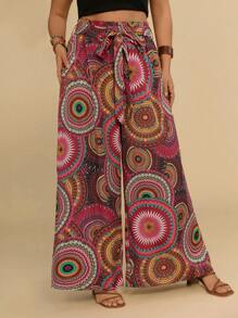 Travachic Boho Plus Size Holiday Casual Summer Beach Loose Red-Brown Print Belted Maxi Pants Women Wide Leg Trousers - Multicolor - View 4