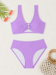 少女纯色纹理度假泳装套装