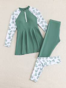 Girls' Tropical Leaf Print Zipper Crop Top And Contrast Hem Pants Two-Piece Swimwear Set