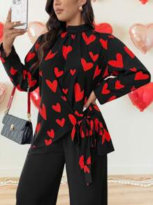 Calvaya Plus Size Valentine's Day Heart Shaped 2pcs Casual Outfit Set - Multicolor - View 5