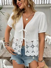 Breezaya Camisa de mujer informal con unicolor, bajo empalmado con adorno de encaje, y cintura con cordón