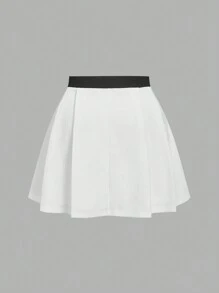 SHEIN MOD 大码女式白色和黑色装饰西装背心，褶皱 A 字裙，优雅商务套装，黑色带白边，褶皱裙春季套装 - 黑與白 - 查看 5