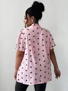 Maweii Plus Size Elegant Heart Print Tie Neck Puff Sleeve Blouse - Pink - View 4