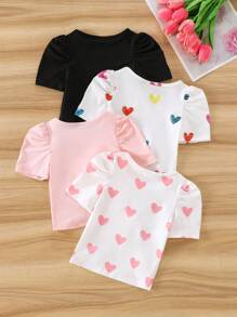 SHEIN Set de 4 piezas Blusa casual de bebé niña de unicolor con estampado de corazón y mangas abullonadas - Multicolor - Ver 2