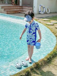 SHEIN 1pc Young Boys Vacation Cute Cartoon Print Colorblock Long Sleeve Rash Guard & Cap Set, Suitable For Beach, Pool, Spring/Summer