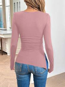 SHEIN LUNE Autumn Velvet Skinny Shirred Slit T-Shirt - Pink - View 2