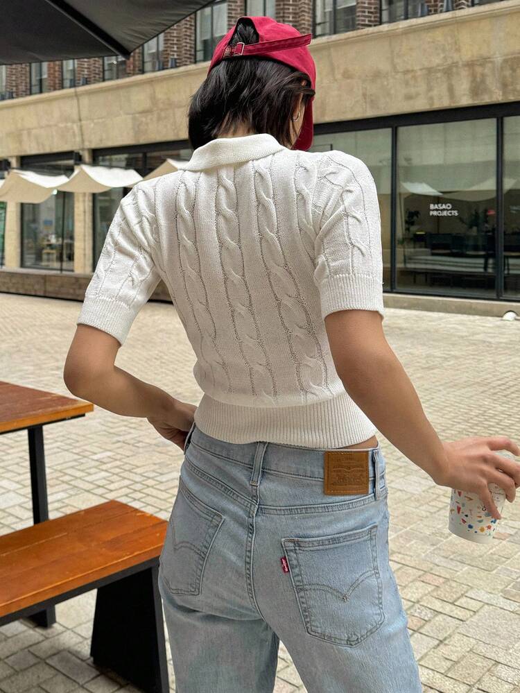 Old Money Embroidered Spring/Summer Pattern Slim Fit Short Sleeve Polo Neck Knit Top For Women