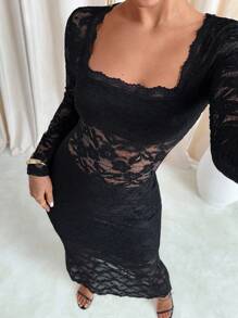 SHEIN Clasi Women Hollow Out Sexy Lace Textured Dress, Valentine's Day Outfit