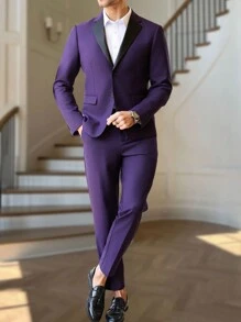 Manfinity Bizformal 男士翻领长袖紫色西装外套和裤子套装，商务旅行装