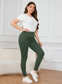 SHEIN LUNE Plus Size Fashionable Commuter Shiny Print Leggings, Winter Cozy Fall And Winter Christmas New Year Thanksgiving Party Elegant Leggings - Olive Green - View 3