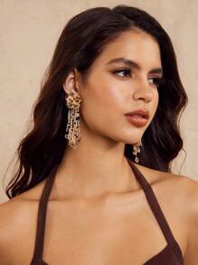 SHEIN BAE Fashionable Exaggerated Fluffy Leopard Print Tassel Crystal Beads Drop Earrings, Vintage Style, Unique Design