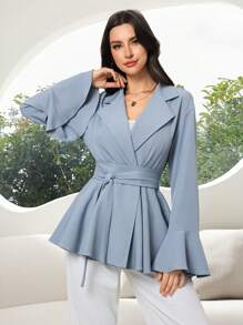 Al Najma Áo nữ màu trơn cổ bẻ tay loe phong cách Ả Rập - Màu xanh lam - Xem 2