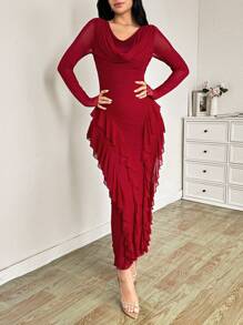 Modelyn Vestido ajustado de mujer con cuello volante de tela elástica de red, elegante, largo, para primavera/verano - Rojo - Ver 7
