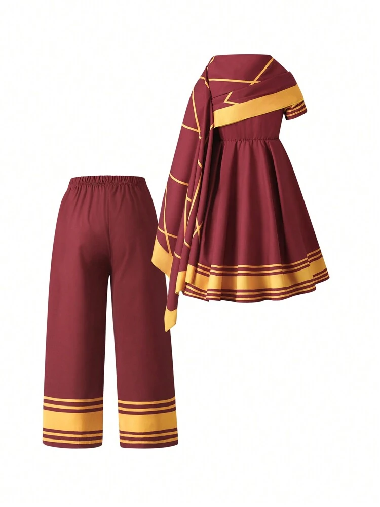 Young Girl 2 Pieces Set: Colorblock Dress & Pants With Shawl, -Inspired Design