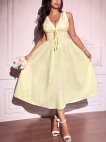 Flirla Große Größen Karomuster V-Ausschnitt Schleife Deko ärmelloses Lässig Kleid, geeignet für Frühling & Sommer