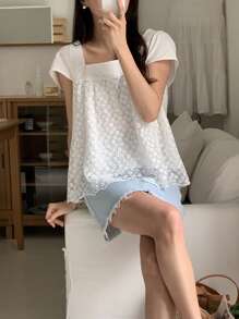 DAZY 女士和女孩休闲无袖蕾丝拼布衬衫娃娃装上衣 - 白色 - 查看 8