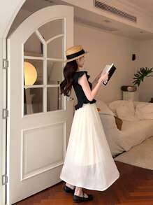 DAZY Women's Round Neck Pleated Ruffle Hem Colorblock Casual Midi Dress - Black - View 1