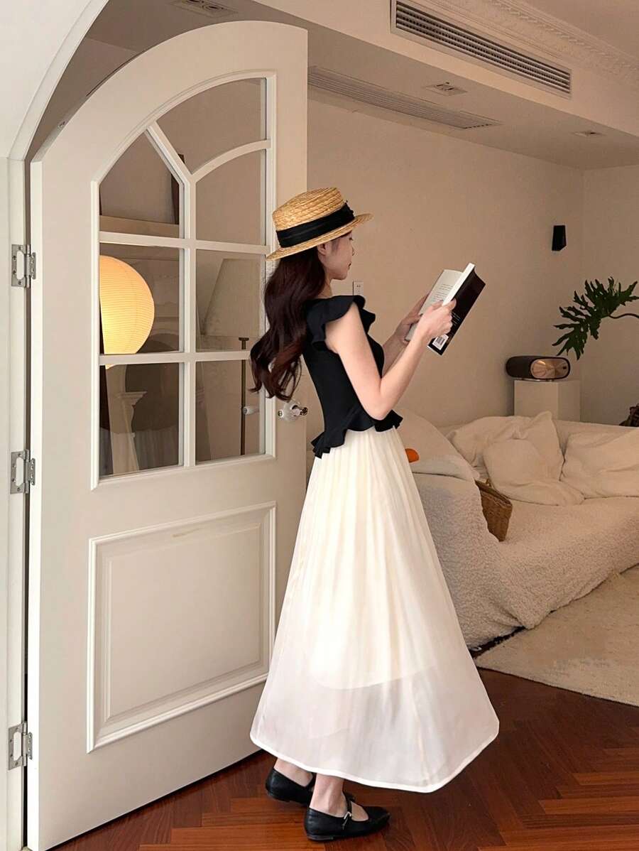 DAZY Women's Round Neck Pleated Ruffle Hem Colorblock Casual Midi Dress - Black - View 1