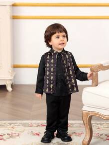 男婴三件套缎面服装套装，时尚优雅，是每个小男孩衣柜里的必备单品 - 黑色 - 查看 3